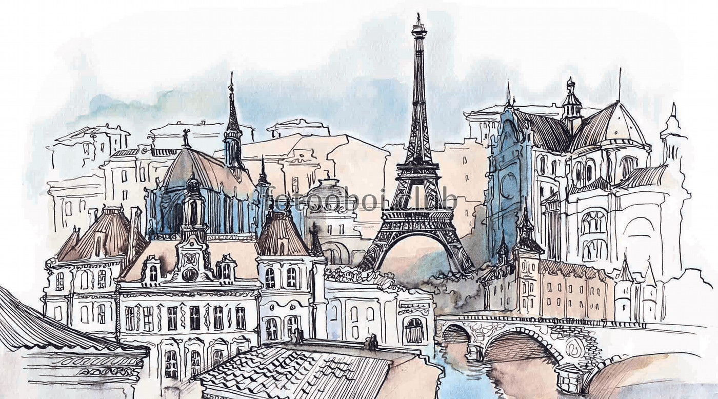 Париж, мост, акварель, дома, эйфелева башня 
